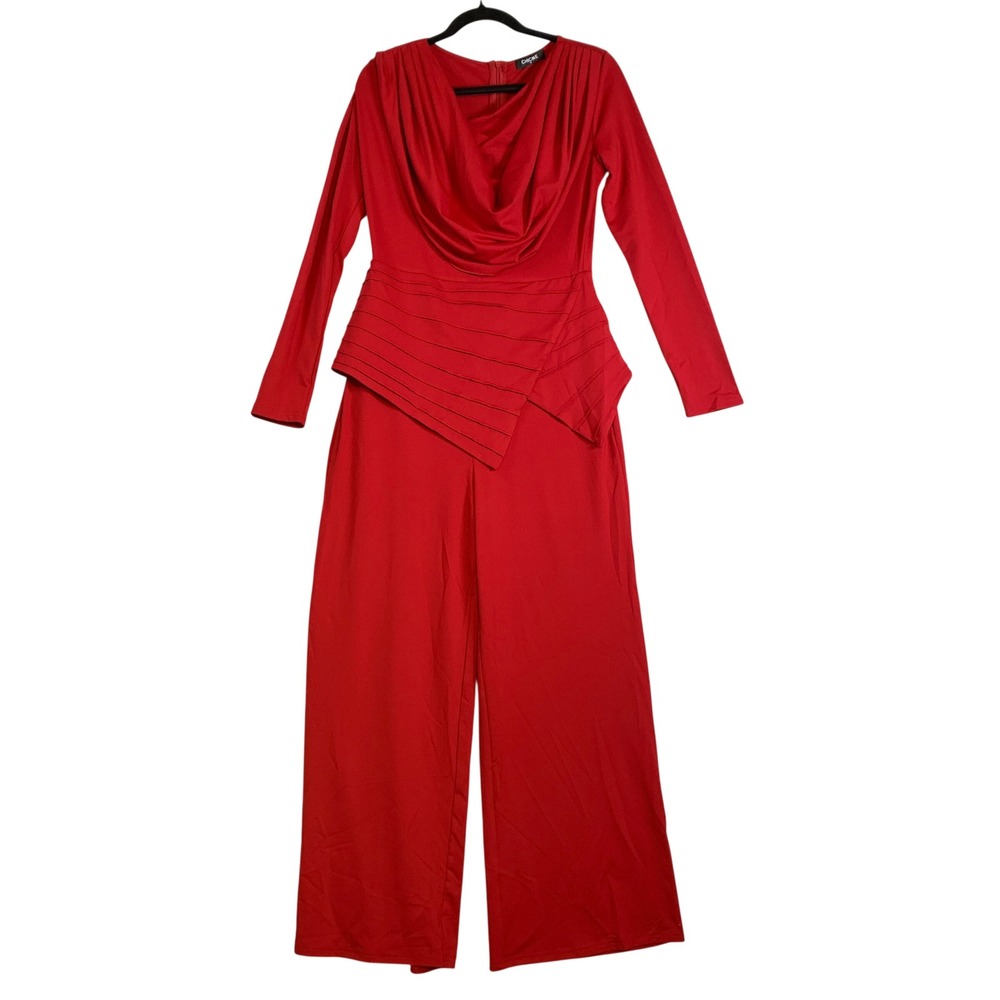 ChicMe Red Long Sleeve Cowl Neck Jumpsuit d Peplum Wide Leg Medium